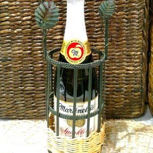Vine Leaves Bottle Holder, Metal and Wicker, EUC